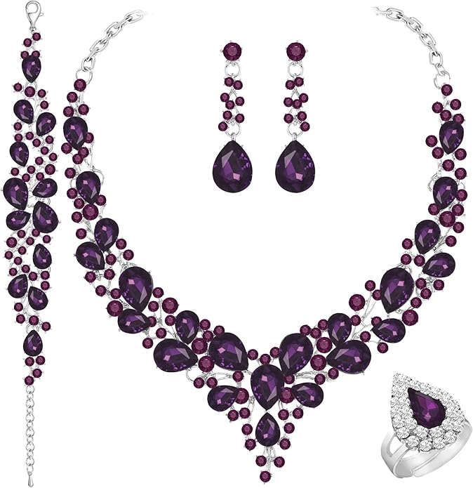 Crystal Bridal Wedding Jewelry Sets for Women Rhinestone Teardrop Crystal Statement Choker Necklace Drop Earrings Link Bracelets Rings Teardrop Jewelry Set for Brides Bridesmaids