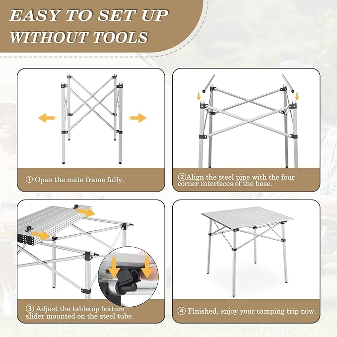 Athena Collection Foldable Camping Table, 28" Small Aluminum Outdoor Folding Camp Table with Roll Up Tabletop and Carry Bag, Lightweight and Portable for Outdoor Camping Picnic Grilling, Silver-VerdiqueGarden