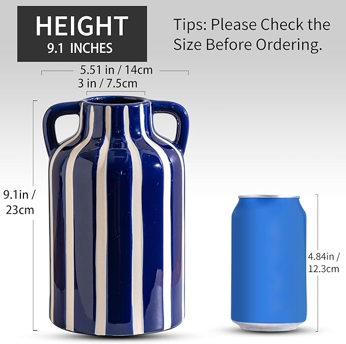 Ceramic Blue and White Checkered Stripes Vase with Handles, Modern Bohemian Floral Navy Blue Vases for Centerpieces, Cottage Core Home Decor, Flower Vases for Bouquet Mantle Bedroom Bookshelf 9.1 in-VerdiqueGarden