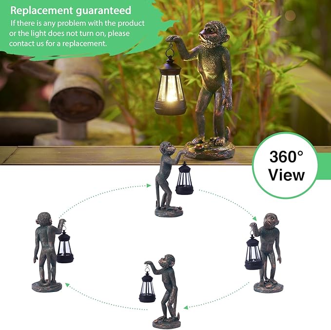 Garden Statue Monkey Figurine - Monkey Decor with Solar Powered Led Lights for Patio Lawn Balcony Yard - Ideal Gift for Women Moms Grandma Housewarming (Copper)-VerdiqueGarden