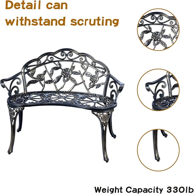 JARDIN DE CENTENNIAL Patio Garden Bench Metal Park Bench Cast Aluminum Outdoor Furniture with Floral Rose for Patio,Park,Lawn,Yard (Copper)-VerdiqueGarden