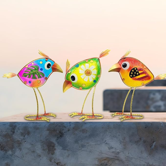 Garden Decor Metal & Glass Bird Decor for Indoor & Outdoor Set of 3 Birds, Lawn Ornaments for Patio Yard Porch, Outdoor Statue Decorations-VerdiqueGarden