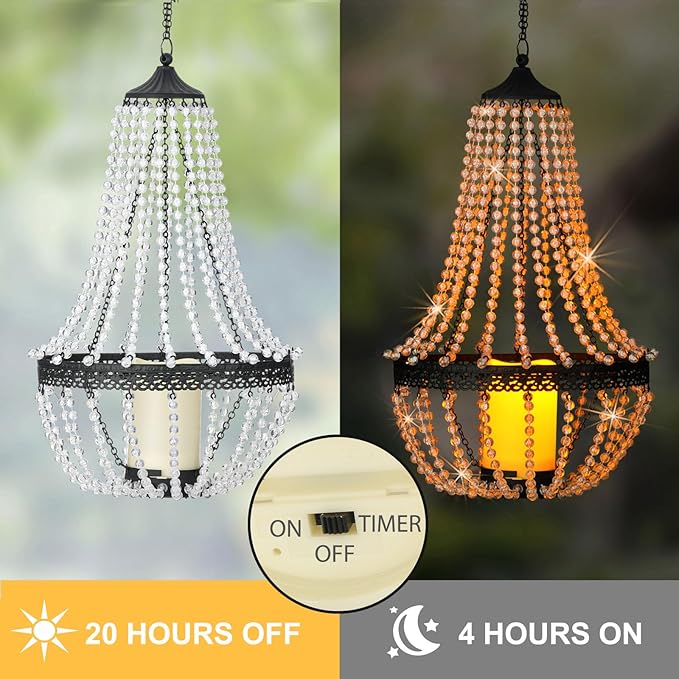 Hanging Candle Lantern, 27” Battery Operated Modern Clear Acrylic Crystal Chandeliers with Flickering Yellow Led Candle Light S Hooks for Garden, Backyard, Gazebo, Room Indoor Outdoor Decor-VerdiqueGarden
