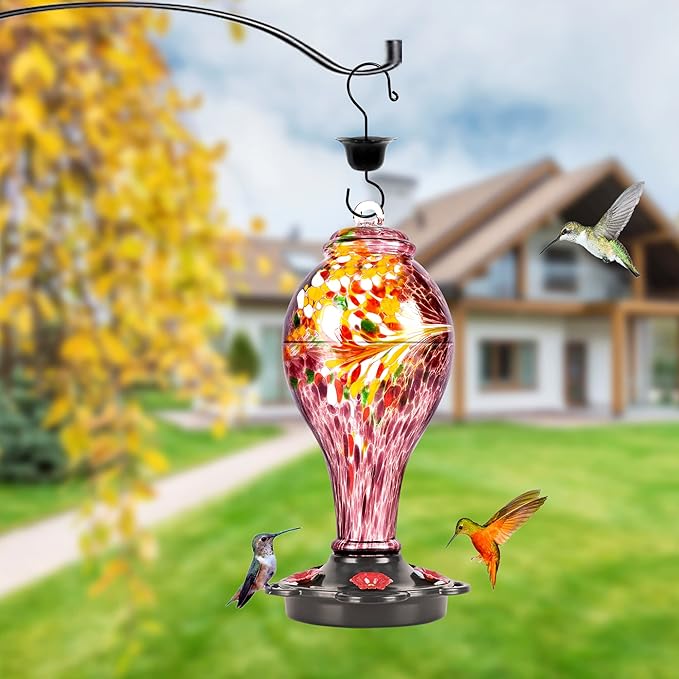 LUJII Hand Blown Glass Hummingbird Feeder for Outdoors Hanging with Ant Guard, 36 fl.oz, Leak Proof & Rustproof, Metal Base with 5 Feeding Ports & 5 Perches, Unique Garden & Backyard Decor (Purple)-VerdiqueGarden