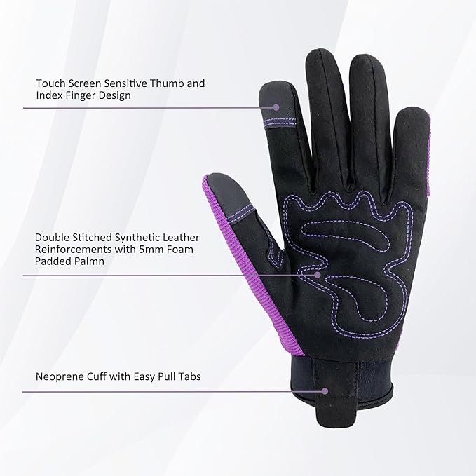 Safety Work Gloves,Multipurpose Working Gloves for Men,Multifunctional Synthetic Leather Spandex Mechanic Gloves,Gardening Glove Gifts for Men,Tounchscreen (Purple, Extra Large), 24096001-8-VerdiqueGarden