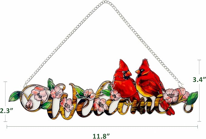 Welcome with Red Cardinal Suncatcher Red Bird Stained Glass Suncatchers Window Hanging Ornament for Home Decor Indoor Wall Art for Mother's Day Women Mom Birds Lovers Friends (Welcome)-VerdiqueGarden
