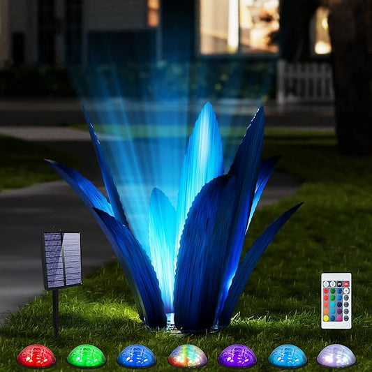 Upgraded Large Metal Yard Art, Metal Agave Plant Yard Decorations Outdoor Sculpture, Metal Flowers for Outside, Waterproof Outdoor Garden Decor (Blue (W/Solar Light))-VerdiqueGarden
