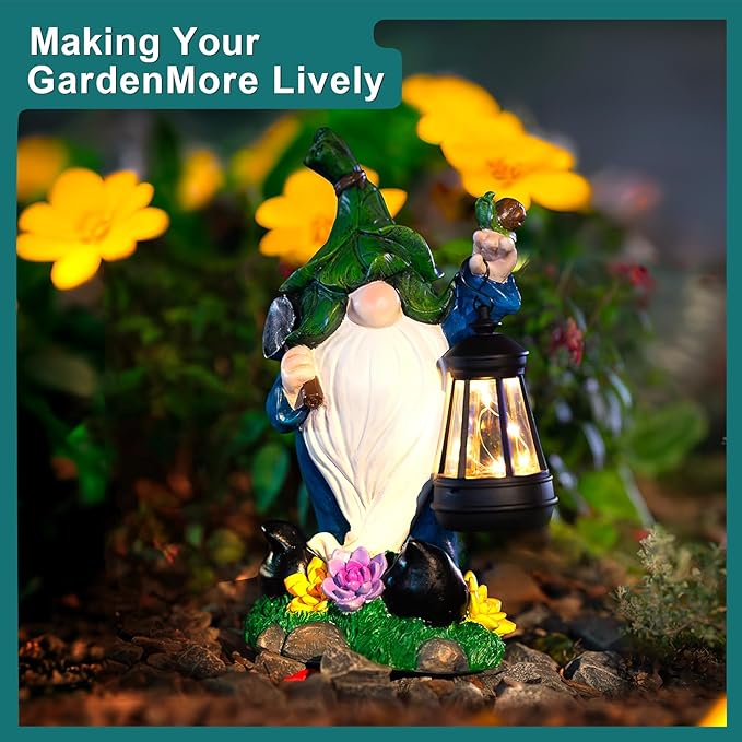 Garden Gnome Solar Figurine Lights - Solar Powered Lighting Outdoor Decorations with Lantern & Shovel, Yard Art Lawn Ornaments for Porch Patio Balcony - Gnome Gifts for Women Mom-VerdiqueGarden