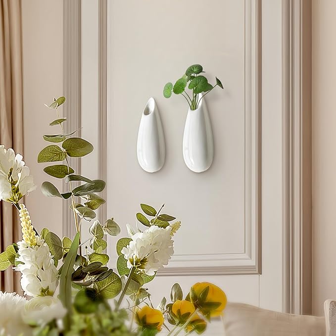 2 Pack White Ceramic Wall Vases,5.9 Inch Wall Hanging Plant Holder,Cubicle Modern Decor Plant Holder Vase for Indoor Plants, Hanging Propagation Flower Pots for Air Vases-VerdiqueGarden