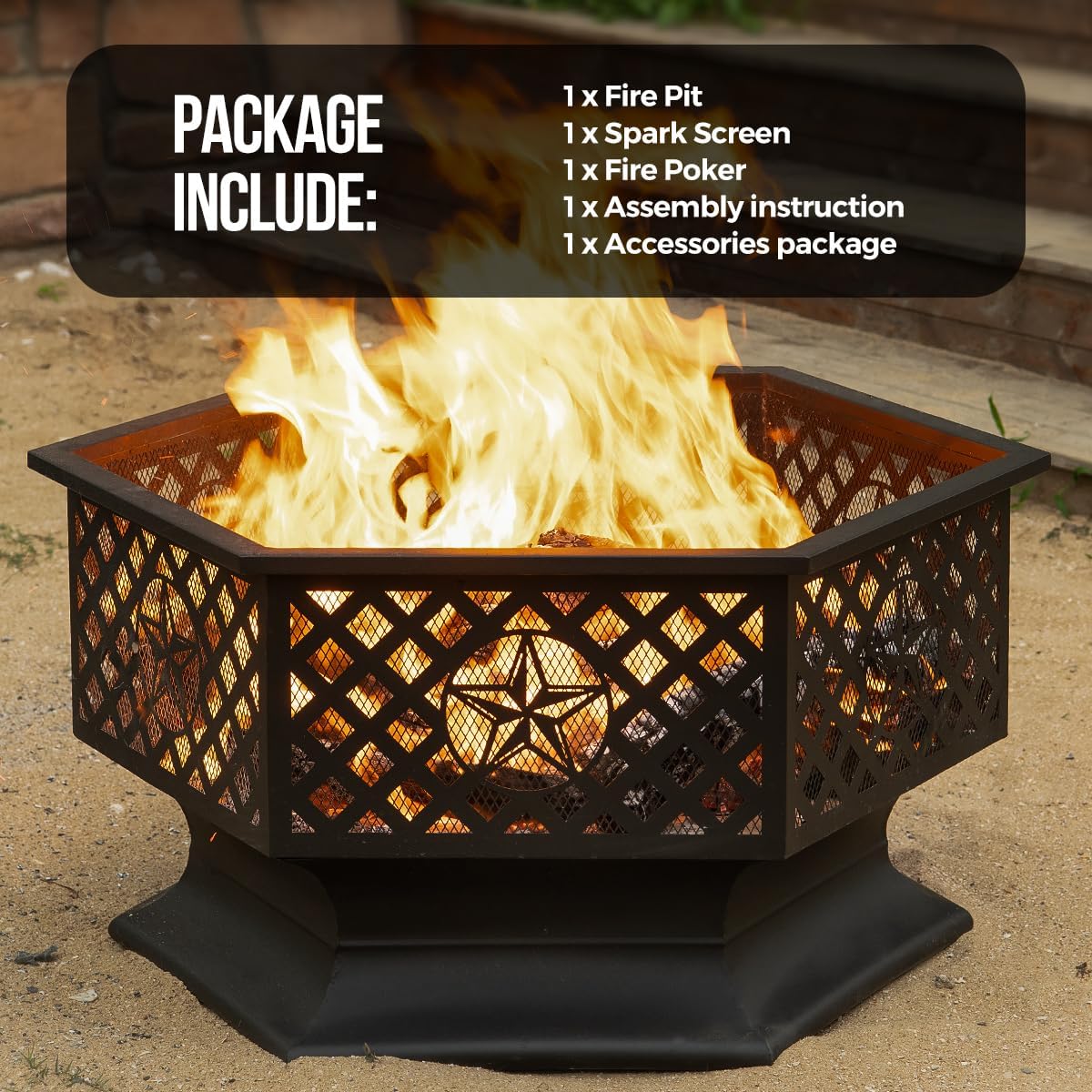 33 Inch Outdoor Fire Pit, Hexagon Shaped Wood Burning Fire pits for Outside, Metal Firepit with Fire Poker&Mesh Cover for Bonfire, Patio, Yard, Garden,Beach and Camping (33'' Black)-VerdiqueGarden