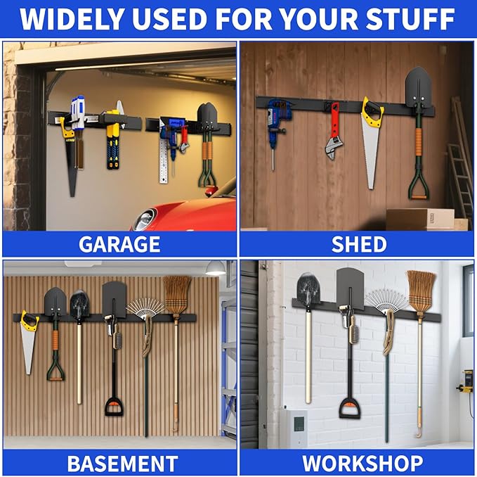 Garage Organization Tool Organizer Wall Mount, 48inch Heavy Duty Garden Tool organizer Storage System, Easy Install With 7 Adjustable Hooks, For Garage, Basement, Shed, Workshop(Black)-VerdiqueGarden