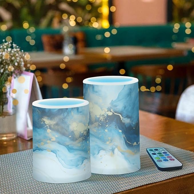 Flickering Flameless Candles, Marble Navy Blue LED Candles with Remote Timer, Set of 2 Battery Operated Candle for Valentine Wedding Birthday-VerdiqueGarden