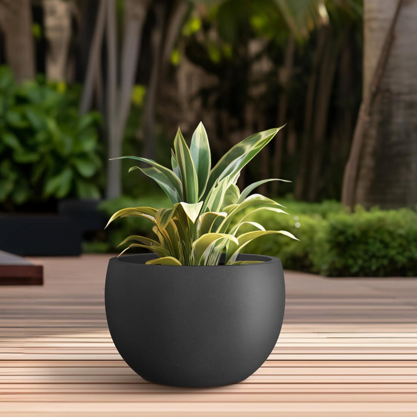 Kante 15.7" Dia Round Concrete Planter, Outdoor/Indoor Large Bowl Plant Pots with Drainage Hole and Rubber Plug for Garden Patio Balcony Home, Black-VerdiqueGarden