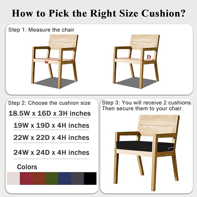 Outdoor Chair Cushions Set of 2 for Patio Furniture 22x22x4 Inch Waterproof Patio Chair Cushion 3 Year Color Fastness Square Elastic Foam Garden Couch Pads with Ties and Handle,Black-VerdiqueGarden