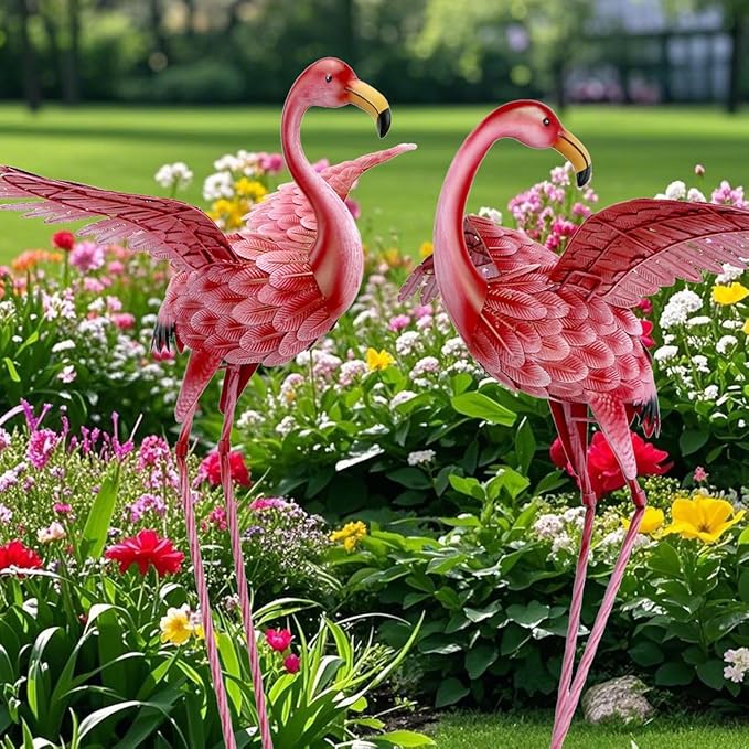 Natelf Pink Flamingo Yard Decorations, Tall Birds Garden Statues and Sculptures, Metal Lawn Art Ornaments for Outdoor Patio Backyard, Set of 2-VerdiqueGarden