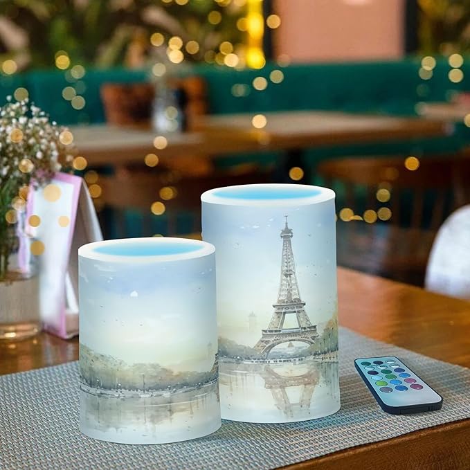 Flickering Flameless Candles, Eiffel Tower Lake LED Candles with Remote Timer, Set of 2 Battery Operated Candle for Valentine Wedding Birthday-VerdiqueGarden