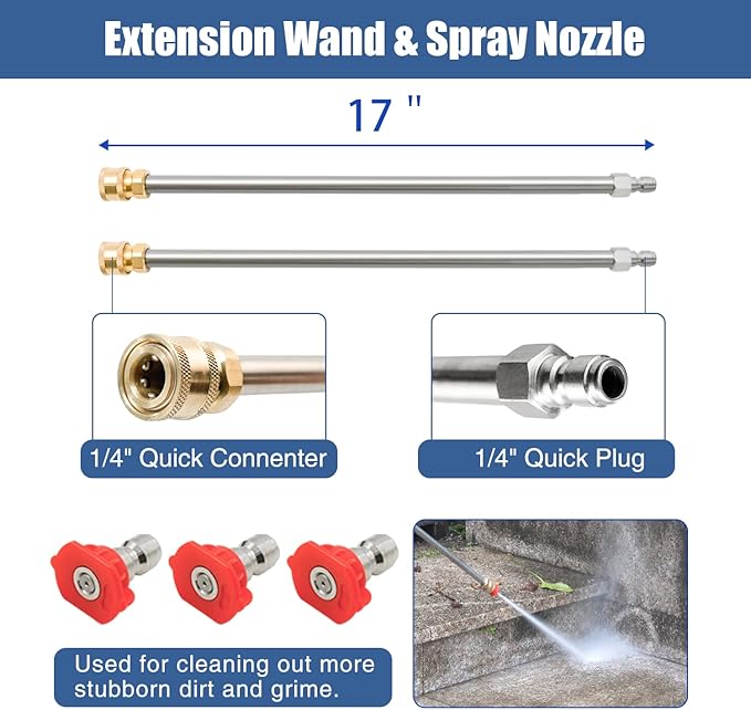 JANZ 20'' Pressure Washer Surface Cleaner with 4 Wheels, Stainless Steel Housing, 1/4" Quick Plug, 2 Extension Wands, 2 Replacement Nozzles and 3 Spray Nozzles, 4000 PSI-VerdiqueGarden