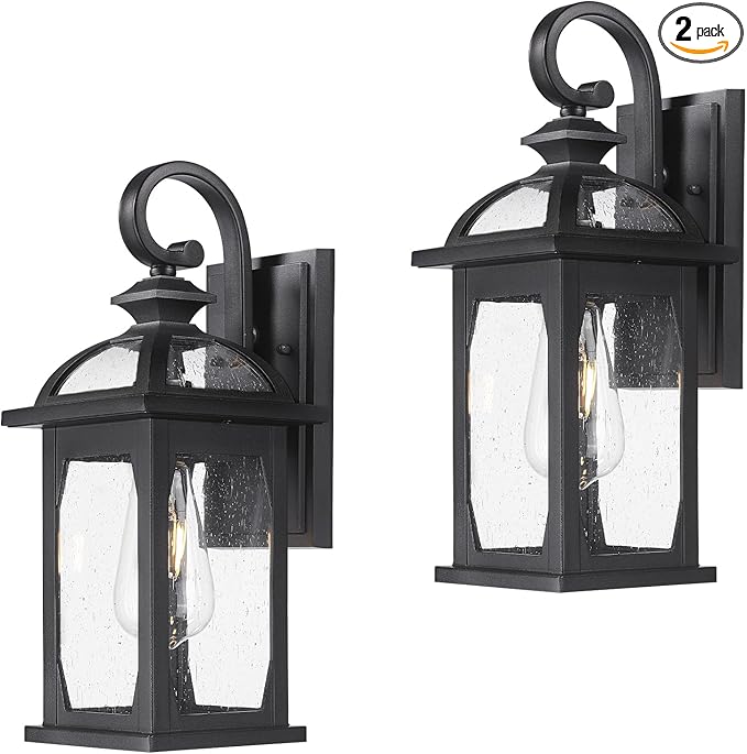 zeyu 2 Pack Outdoor Wall Lantern for Porch, 15 Inch Patio Wall Light Fixture Exterior Lights for House, Die-Cast Aluminum, Black Finish with Seeded Glass, ZD100B-2PK BK-VerdiqueGarden