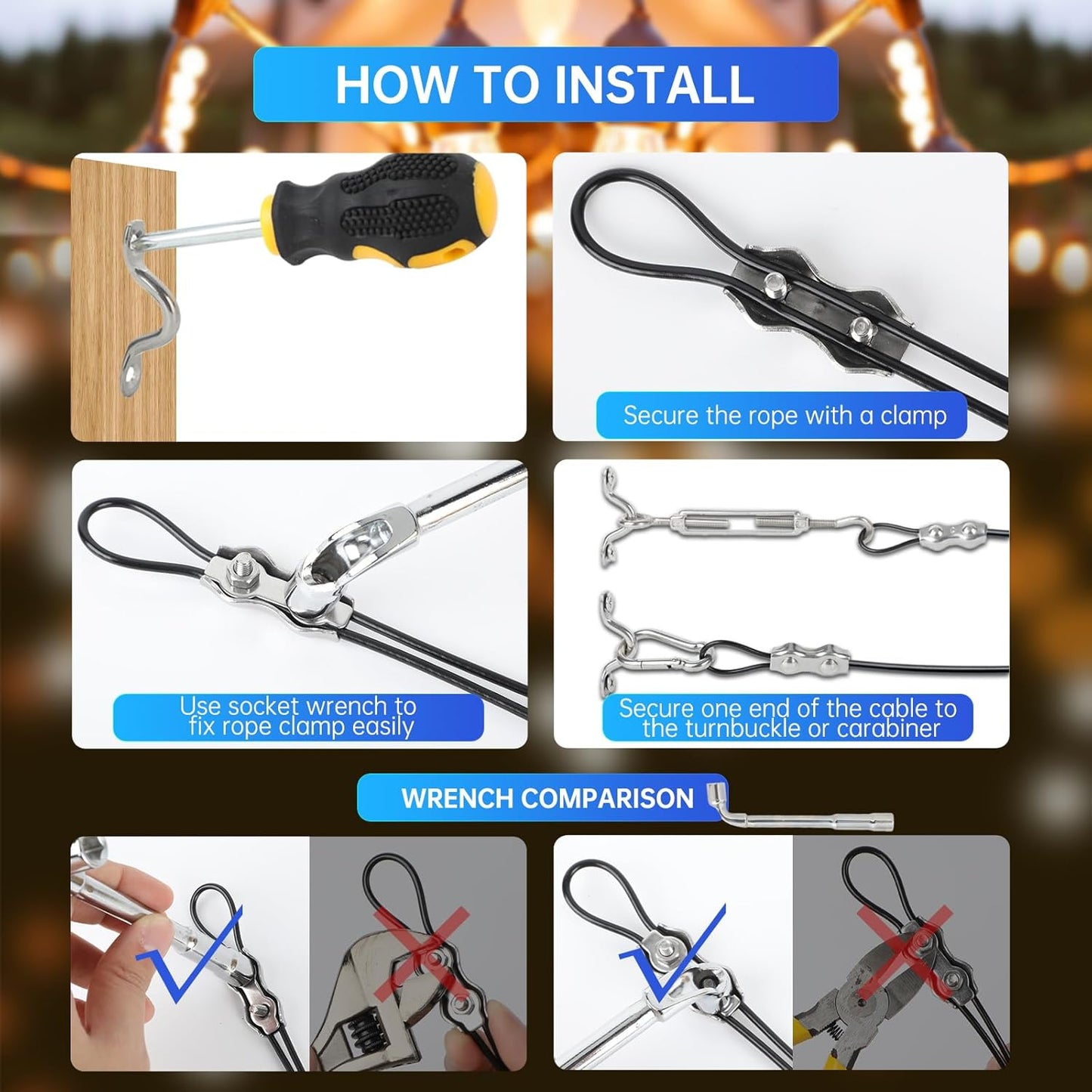 164FT Black Vinyl-Coated 304 Stainless Steel Cable – Heavy Duty String Lights Hanging Kit with Turnbuckle, Thimble & Hooks for Outdoor, Patio, Garden, Christmas Lights-VerdiqueGarden