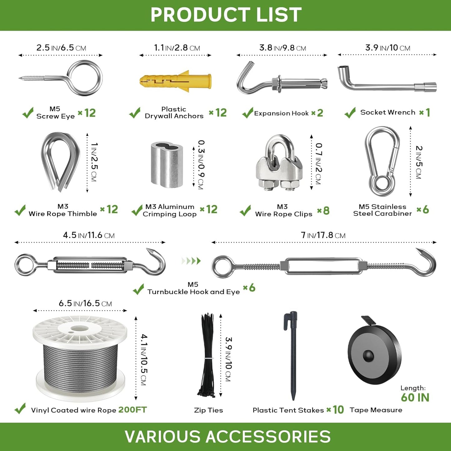 1/8" Wire Rope Kit, 200FT Steel Wire Cable, Vinyl Coated Stainless Steel Cable with Turnbuckles for Outdoor, Garden, Kitchen and Craft Projects-VerdiqueGarden