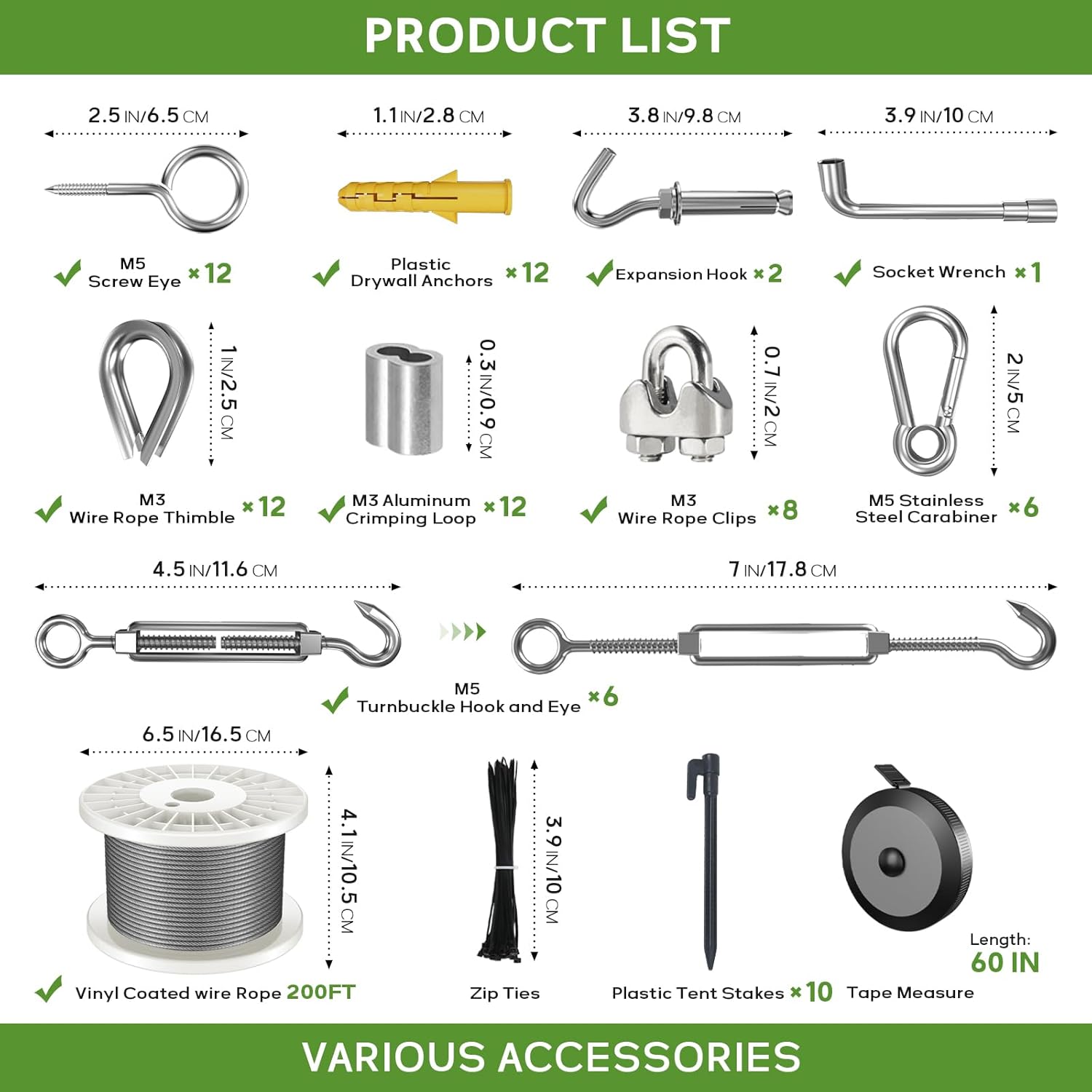 1/8" Wire Rope Kit, 200FT Steel Wire Cable, Vinyl Coated Stainless Steel Cable with Turnbuckles for Outdoor, Garden, Kitchen and Craft Projects-VerdiqueGarden