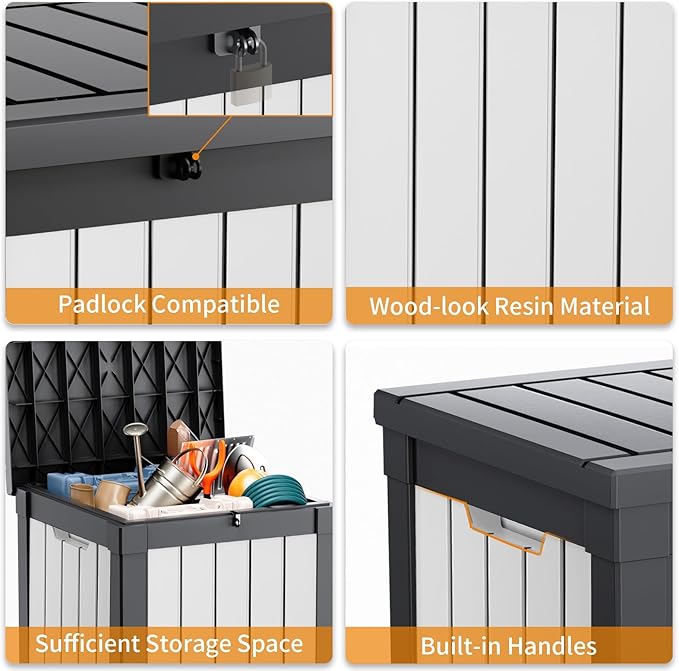 40 Gallon Resin Deck Box, Lockable Patio Outdoor Storage Box for Furniture, Garden Tools and Tools Storage, Waterproof Outside Storage Boxes - Black&White-VerdiqueGarden