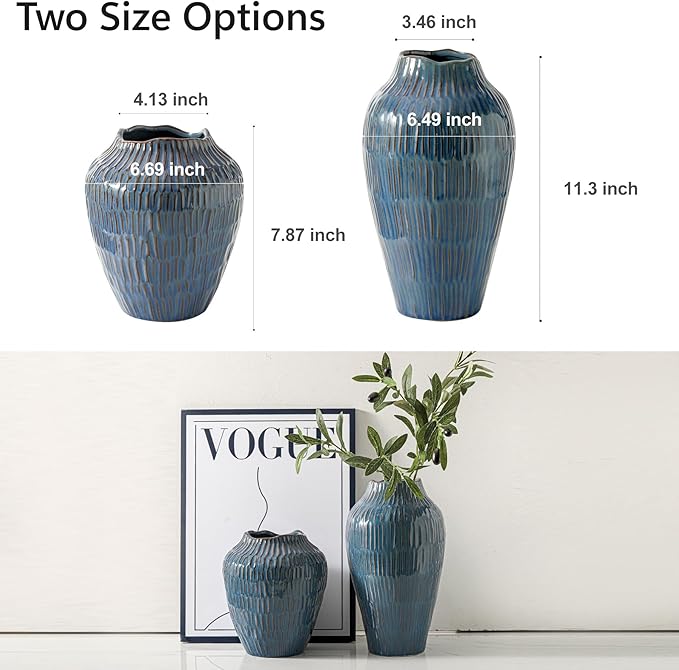 Blue Ceramic Vase for Home Decor,11.6 Inch Flower Vase，Decorative Vases for Pampas Grass，Modern Art Texture Vases for Home Entryway Living Room Dining Table Farmhouse Office Decor-Blue-VerdiqueGarden