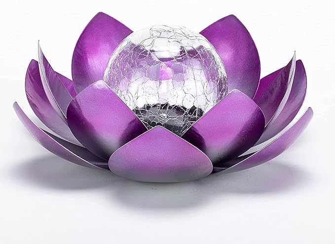 Huaxu Solar Lights Outdoor Decor Purple Lotus Waterproof LED Crackle Globe Glass Metal Flower Decorations for Garden Patio Yard Porch Pathway Ground Tabletop-VerdiqueGarden