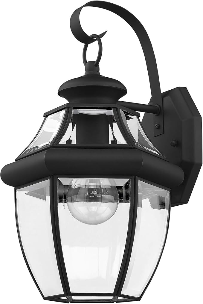 Livex Lighting 2151-04 Monterey 1 Light Outdoor Black Finish Solid Brass Wall Lantern with Clear Beveled Glass, 13" x 8.5" x 8.25"-VerdiqueGarden