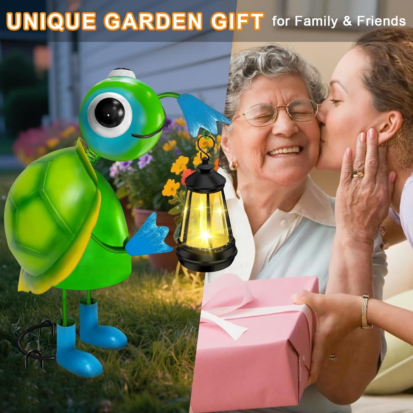 Solar Garden Lights Turtle Statue with Solar Lantern Lights,13.78in Tall Big Metal Turtle Garden Decor,Birthday Gifts for Women Mom,Decorative Stakes for Home Decorations,Patio,Porch,Yard Art,Ornament-VerdiqueGarden