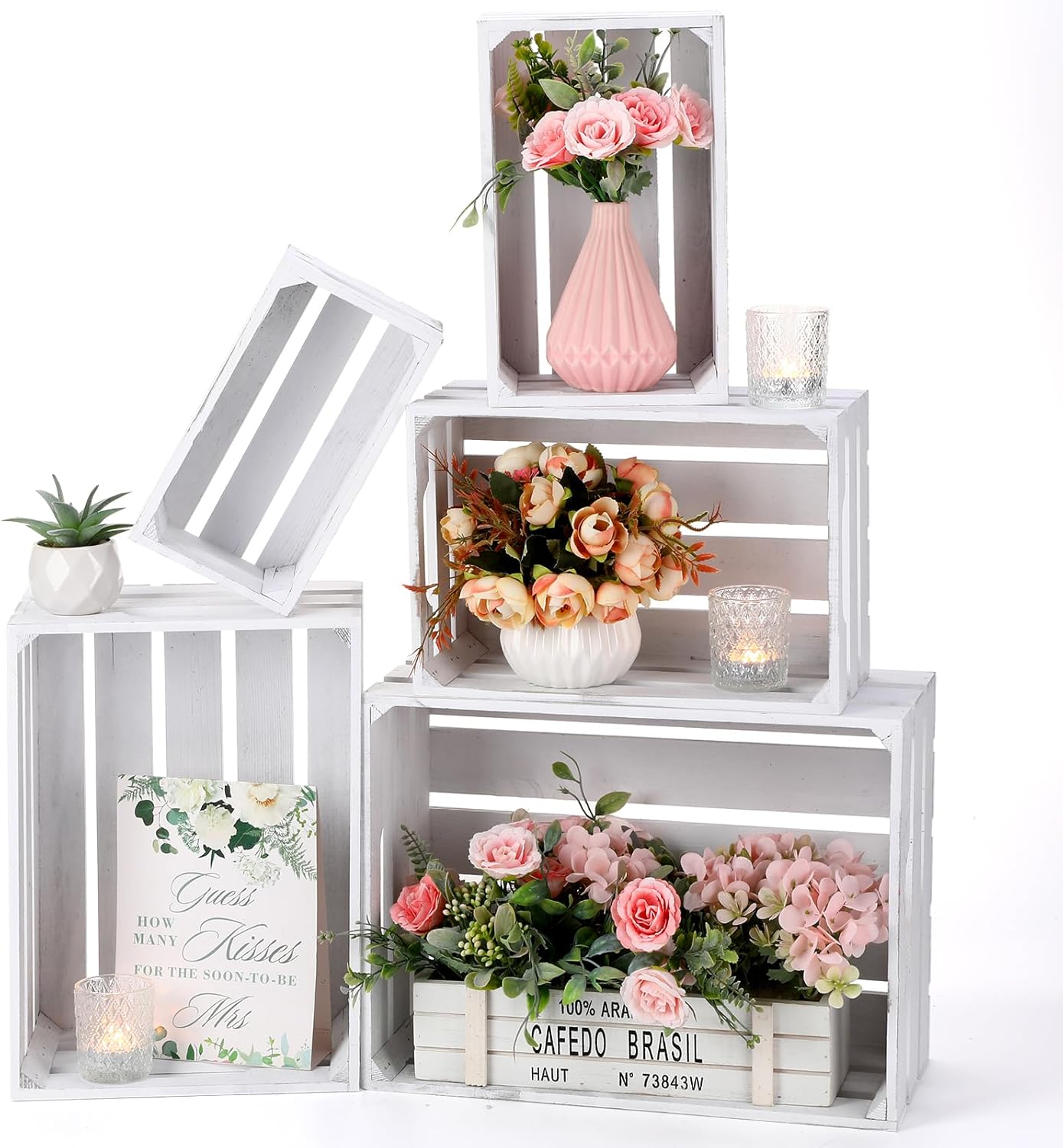 Soaoo 5 Pcs Decorative Nesting Wooden Crates for Storage Display 5 Size Large Small Rustic Wood Decorative Storage Crates with Handle Farmhouse Crate Box Container Made from Pine(Vintage White)-VerdiqueGarden