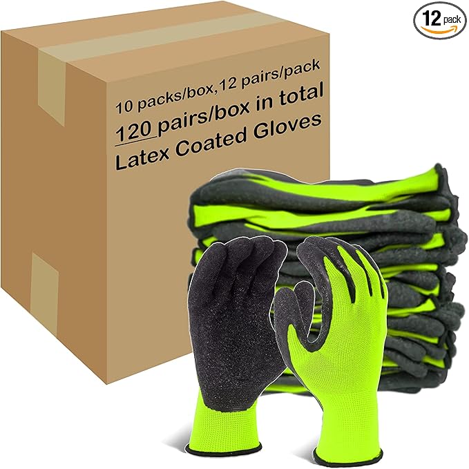 Evridwear Crinkle Latex Rubber Hand Coated Safety Work Gloves for Men Women General Multi Use Construction Warehouse Gardening Assembly Landscaping (L-Size) Lime 120 Pairs Pack-VerdiqueGarden