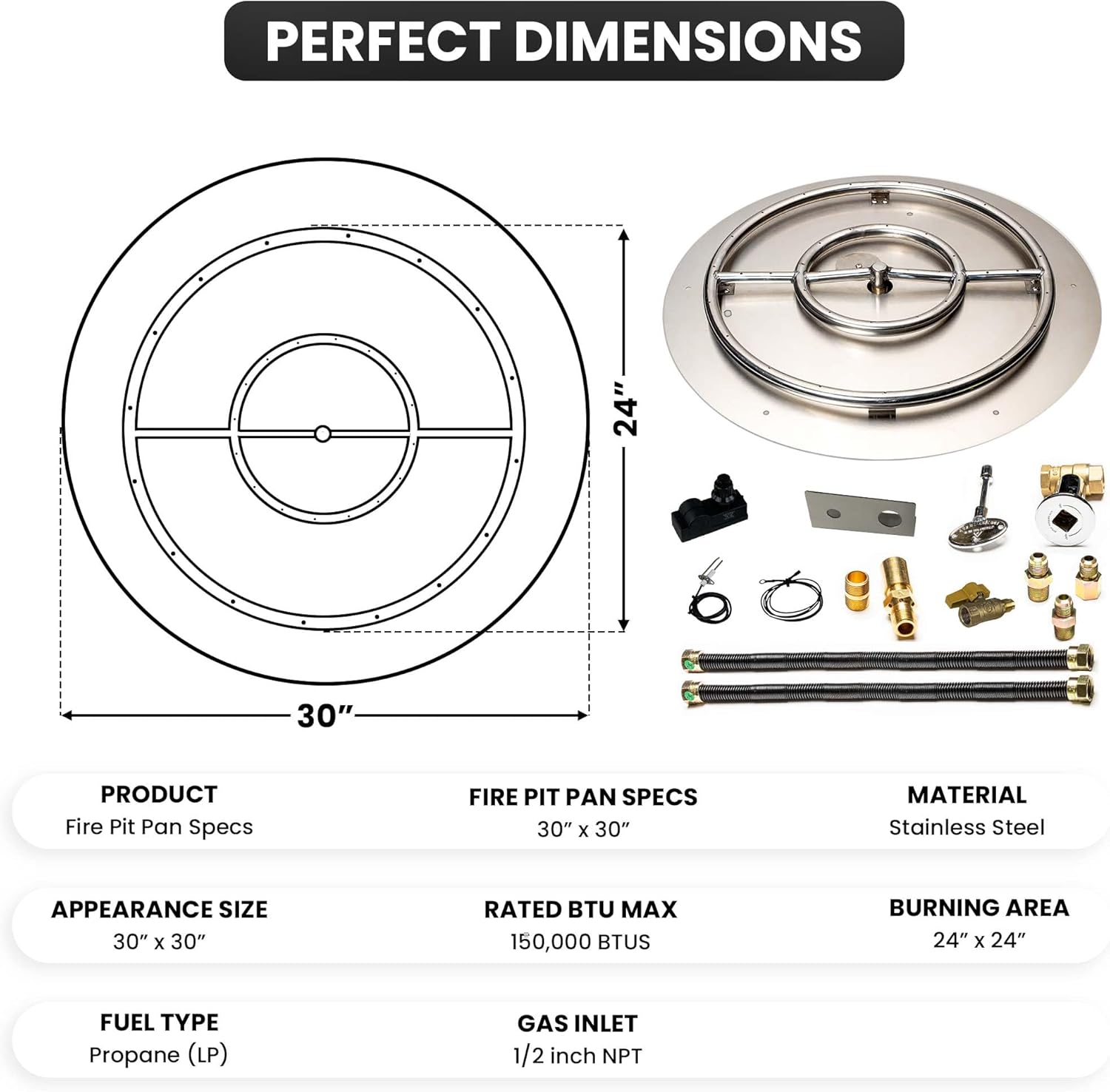 Stainless Steel Fire Pit Burner Pan & Ring Deluxe Kit for Liquid Propane, 30-Inch Pan, 24-Inch Ring, 150,000 BTU Max-VerdiqueGarden