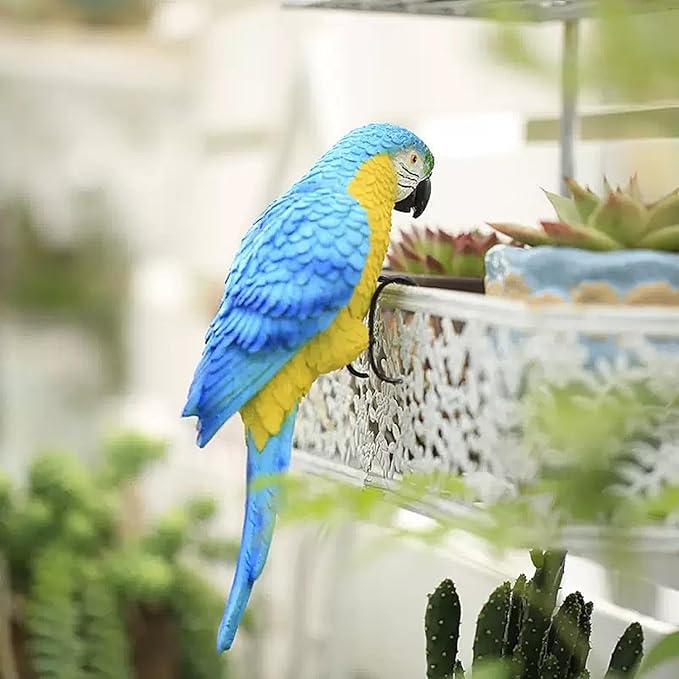 Realistic Parrot Sculpture Resin Hanging Parrots Garden Statues Lifelike Bird Figurines Landscape Ornament Patio Yard Lawn Figurine Tree Decor, Outdoor Garden Wall Statues (Blue)-VerdiqueGarden