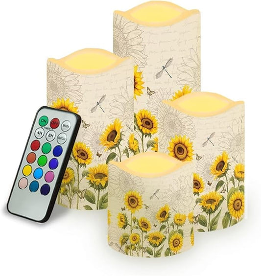 Ystardream Elegant Sunflower Flameless Candles Color Changing LED Candles with Remote Control Battery Candles for Outdoor and Indoor Home and Room Decoration,Backpack Set of 4 Piece-VerdiqueGarden
