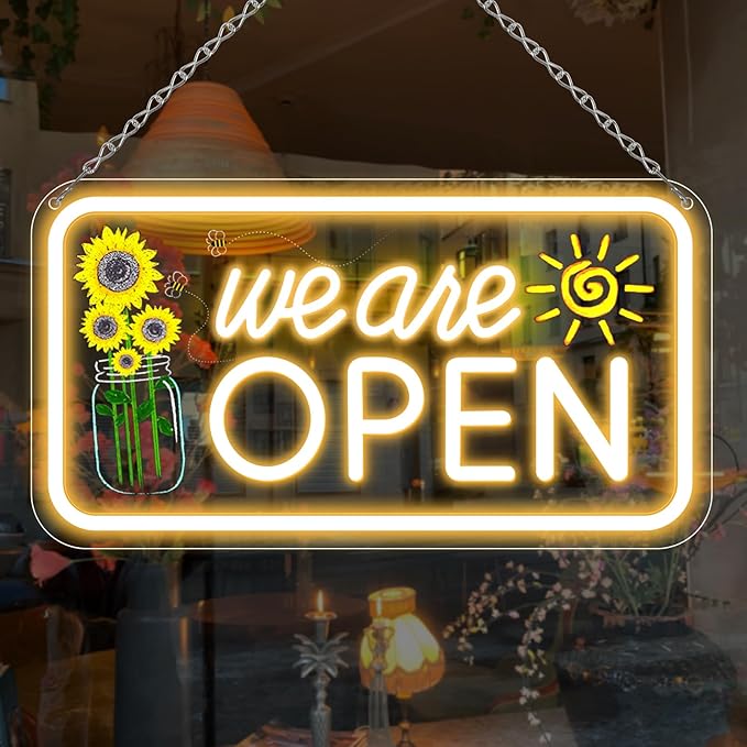 Neon We Are Open Signs for Business, 16.5x9'' Open Sign with Printed Flower and Sun, with ON/OFF Switch & Adapter, Warm White, Ideal for Window, Party, Wall, Bars, Coffee Shops, Salons, Clubs, Hotels-VerdiqueGarden
