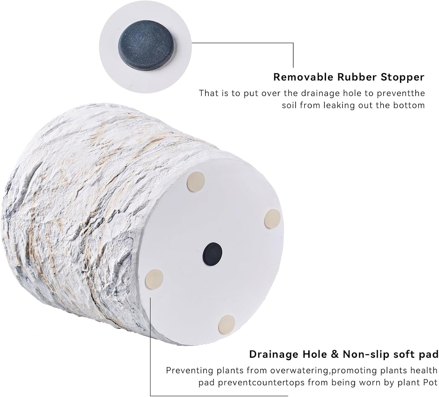 Ekirlin 7 Inch Natural Ore Textures Plant Pot, Resin Outdoor Planters with Drainage Hole, Removable Rubber Stopper and Non-Slip Soft Pad,Weatherproof Decorative Pot for Indoor/Garden Plants-VerdiqueGarden