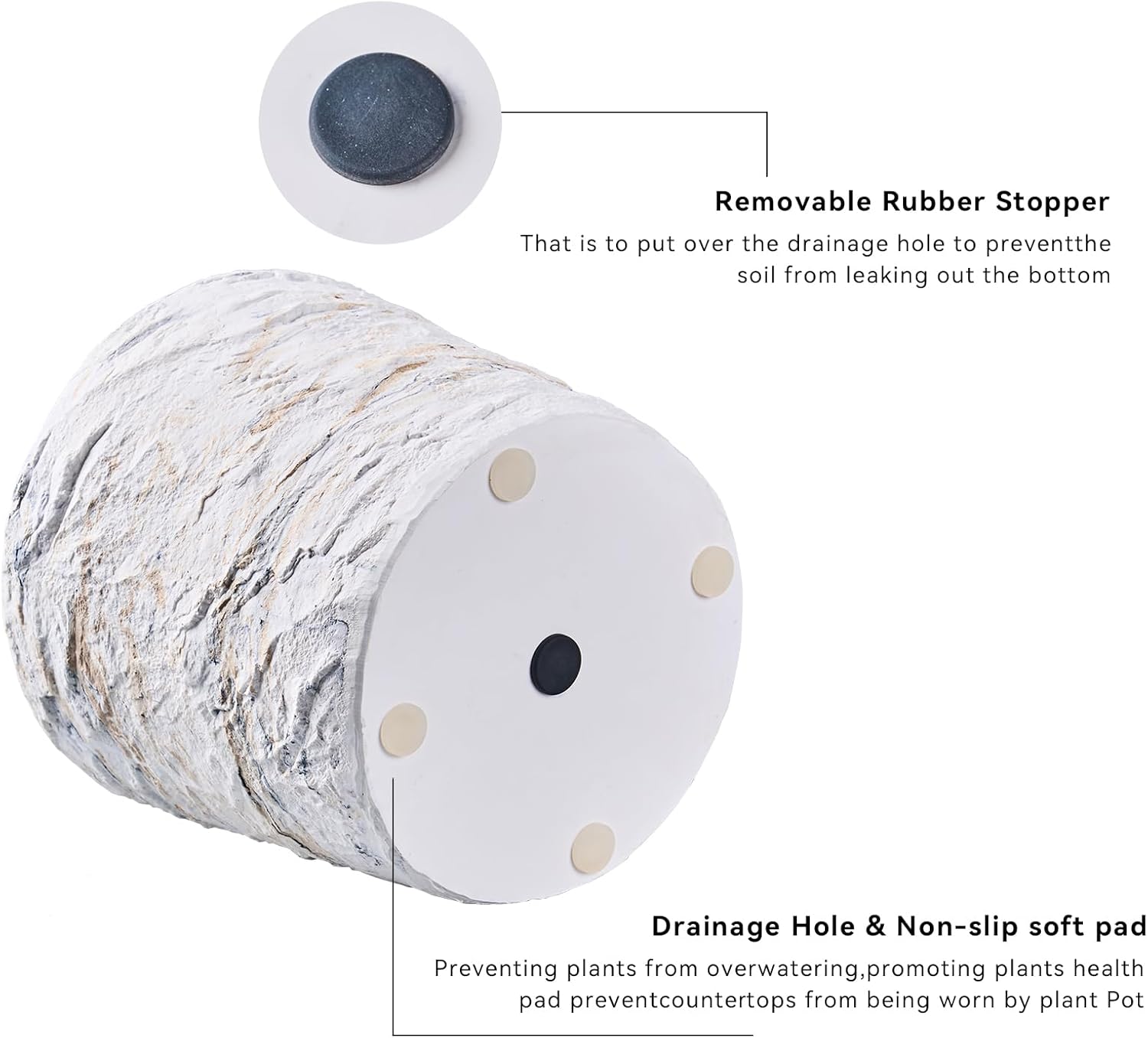 Ekirlin 7 Inch Natural Ore Textures Plant Pot, Resin Outdoor Planters with Drainage Hole, Removable Rubber Stopper and Non-Slip Soft Pad,Weatherproof Decorative Pot for Indoor/Garden Plants-VerdiqueGarden