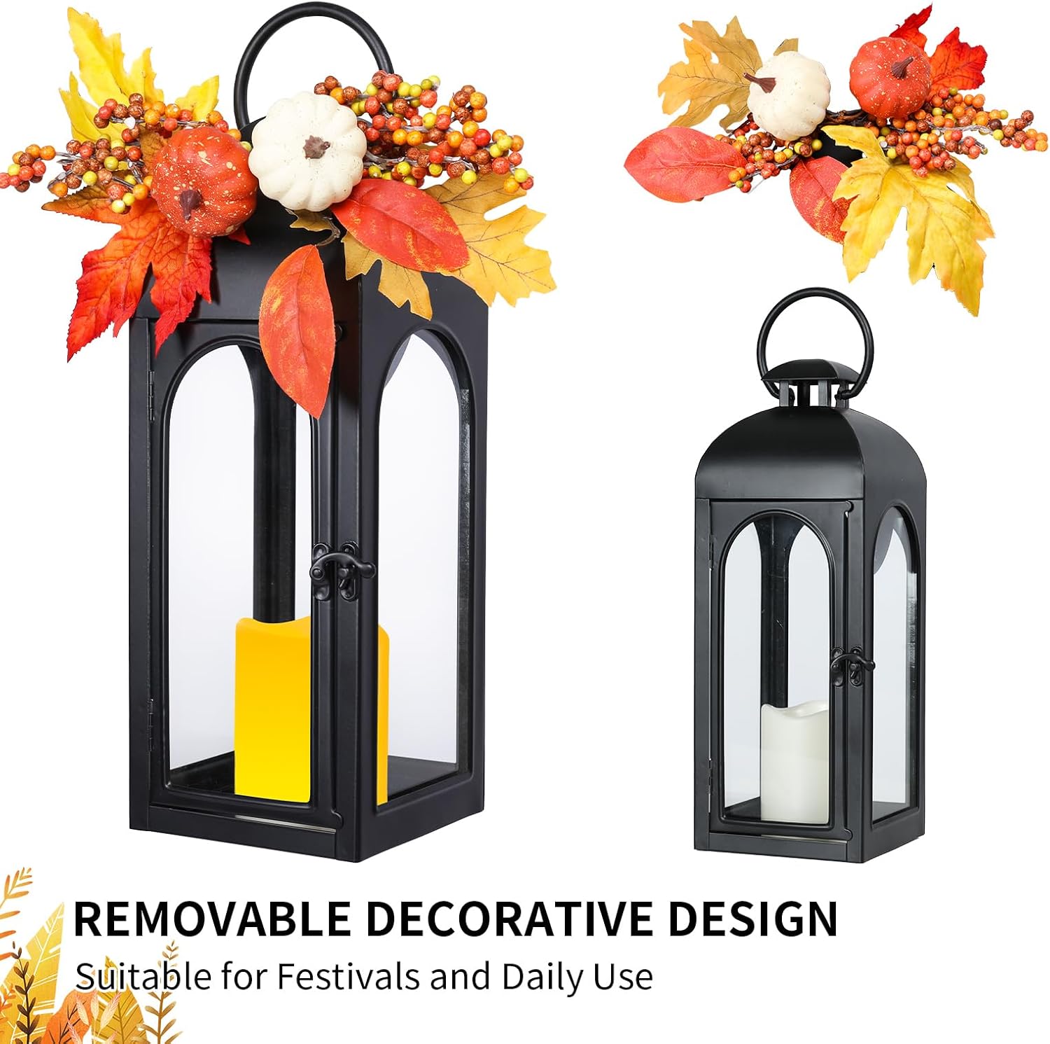 Bdor 2 Pack Fall Lanterns Decor with LED Candle – 16 Inch Harvest Pumpkin Maple Leaf Hanging Lantern for Autumn Thanksgiving Table Centerpiece Indoor Outdoor Decoration, Battery Operated-VerdiqueGarden
