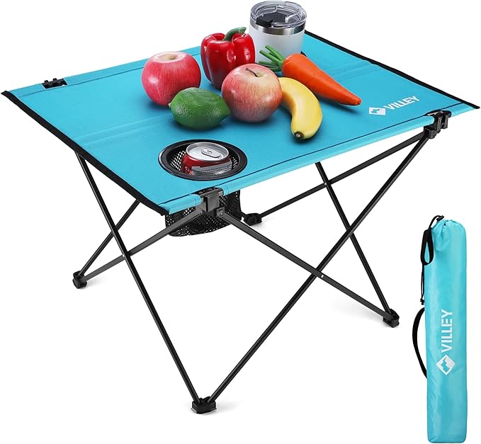 VILLEY Folding Camping Table, Lightweight Portable Beach Table with 2 Cup Holders & Carry Bag for Camping, Beach, Fishing, Travel, and Outdoor Activities (Small)-VerdiqueGarden