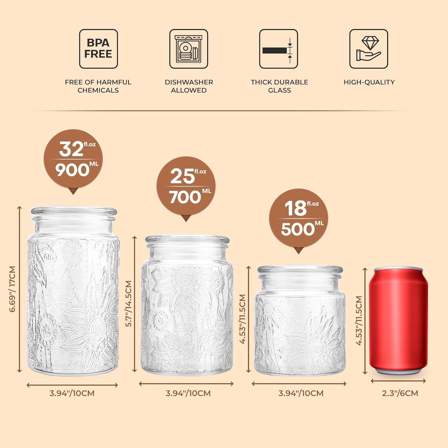 32oz Vintage Glass Jar With Lid, Glass Storage Containers, Airtight Kitchen Storage Containers For Sugar, Coffee, Tea, Spice, Flour, Candy Cookie, Pasta, Cereal, Cute Decorative Jars-VerdiqueGarden