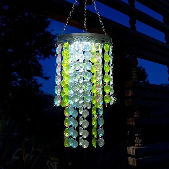 Hanging Solar Lantern Outdoor, 2 Tiers 21” Solar Multicolor Acrylic Beaded Chandelier with Cool White LED S Hooks for Garden Yard Patio Gazebo Outside Decor-VerdiqueGarden