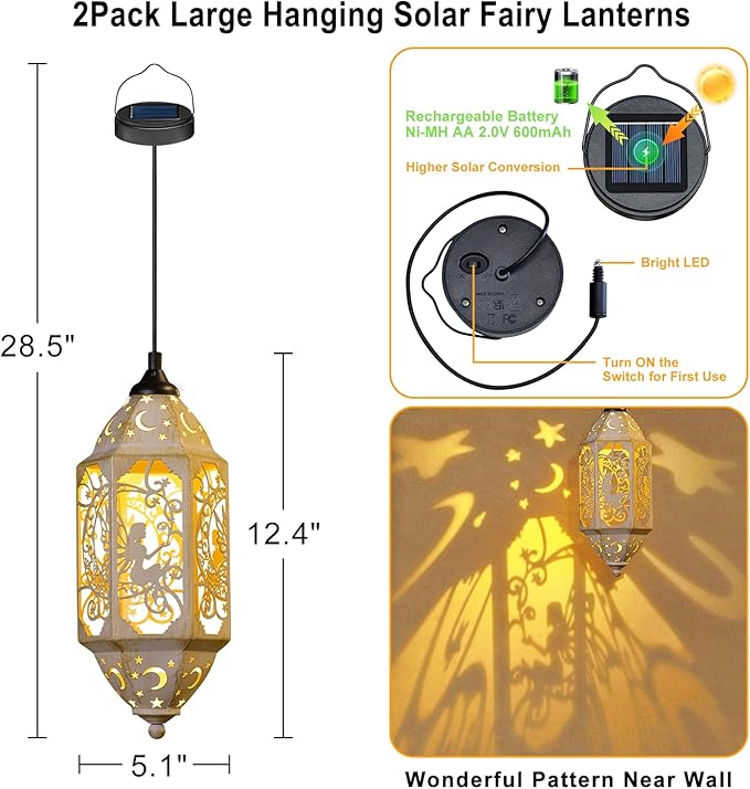 Outdoor Solar Lanterns Waterproof Fairy Moon Garden Gifts for Women Mom12.4‘’ Metal Garden Lanterns Hanging Light for Patio Backyard Decorations, Mothers Day Birthday Gifts (Gold White,2Pack)-VerdiqueGarden