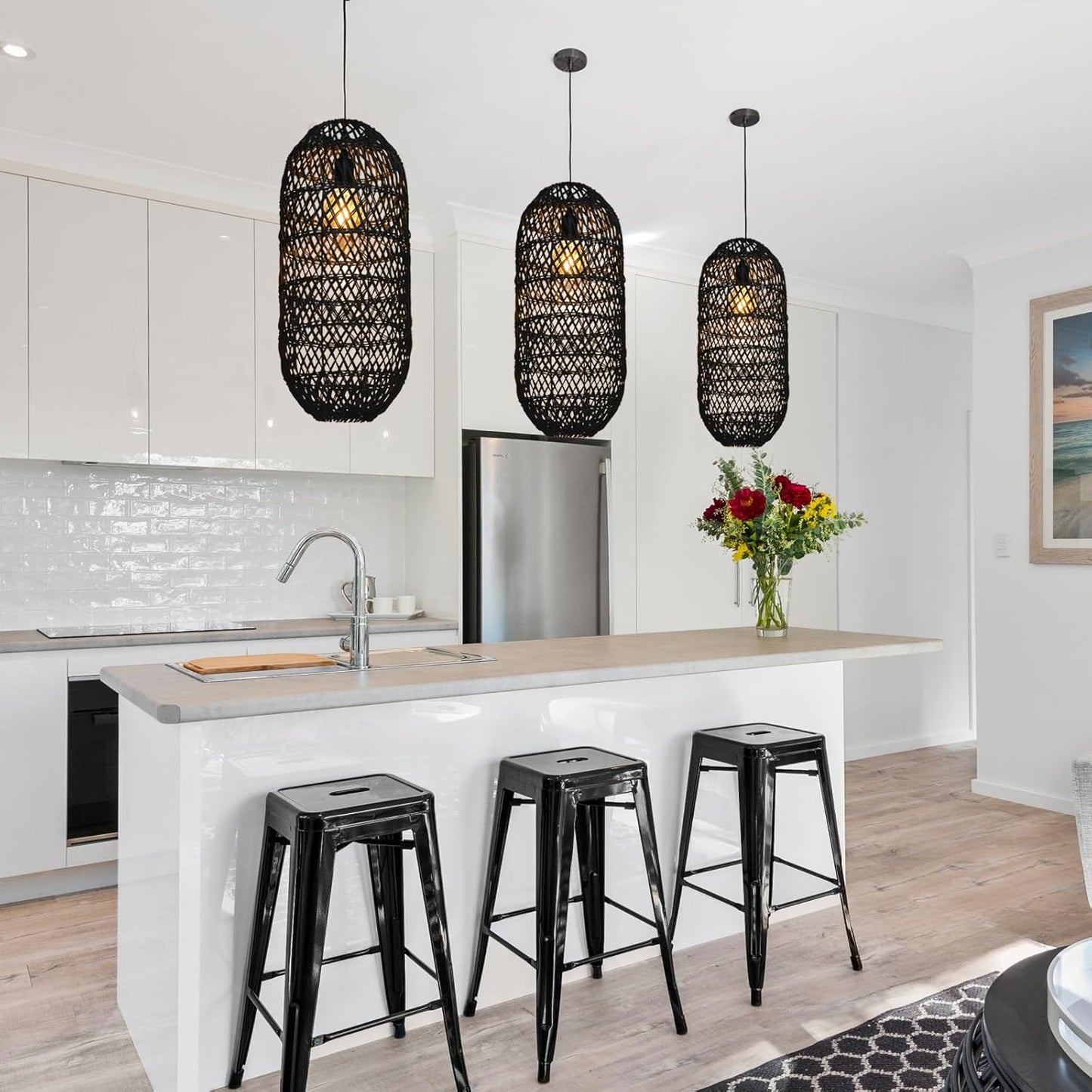 Arturesthome 1 Light Rustic Rattan Basket Pendant Light Fixture, Boho Wicker Chandelier Lamp Black, Coastal Handmade Crafts Lampshade, Farmhouse Hanging Ceiling Lighting for Dining Kitchen-VerdiqueGarden