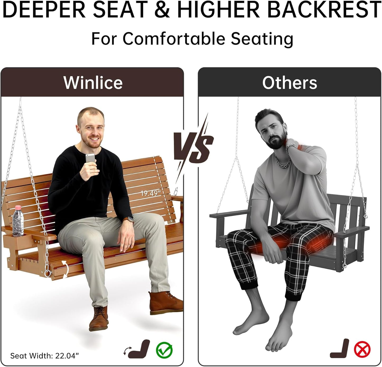 Wooden Outdoor Porch Swings, 3 Seater Front Porch Swing with Upgraded 22" Deep Seat, Heavy Duty 880 Lbs Swing Bench Chair for for Patio, Backyard, Garden (Teak Tone, 5 FT)-VerdiqueGarden