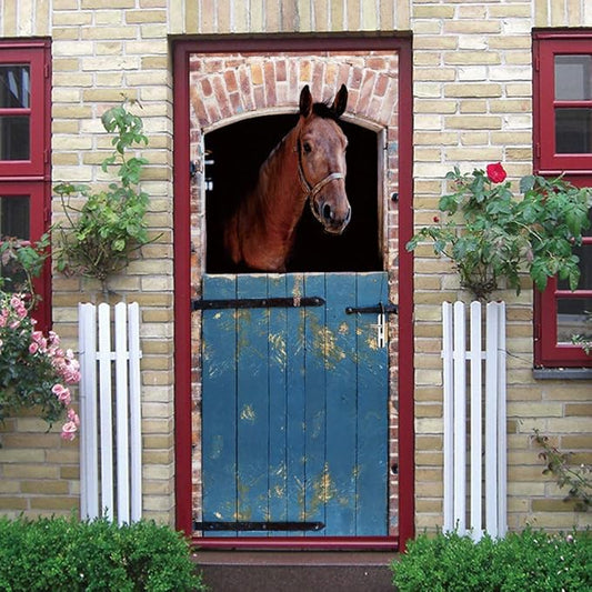 3D Horse Door Sticker Mural - Blue Rustic Matte Finish - Waterproof & Washable - Peel & Stick - Removable - 37.4" x 82.7" - Wall & Door-VerdiqueGarden