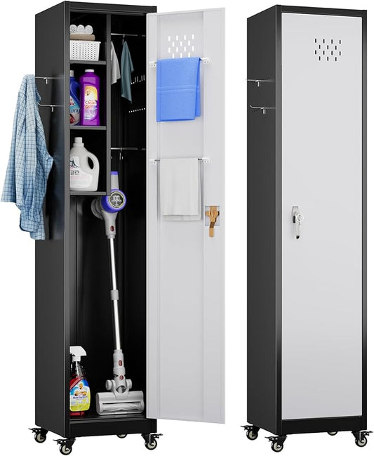72''H Metal Broom Closet Storage Cabinet with Wheels & Pegboards, Mops Broom Closet Organizer with Locking Door & Hanging Rod,Cleaning Tool Garage Cabinet,Assembly Required,Black White-VerdiqueGarden