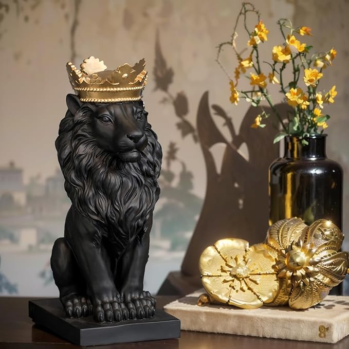 LCdecohome Lion Statue - Outdoor Collectible Figurine, 15 Inch Gold Crown Black Standing Lion Home Decor for Desk & Home Black Decor Gift-VerdiqueGarden