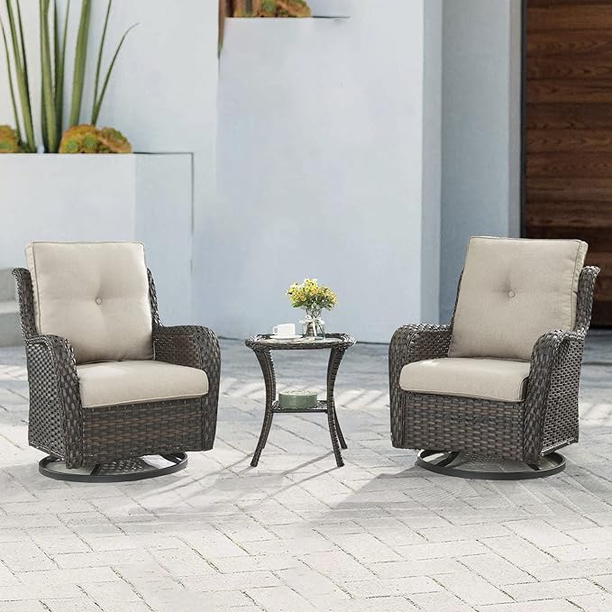 Outdoor Patio Swivel Rocker Chairs - 3 Piece Patio Bistro Set,Wicker Patio Furniture Set with 2 Swivel Rocking Chairs and 1 Glass Top Side Table for Deck Porch Garden,Brown/Beige-VerdiqueGarden