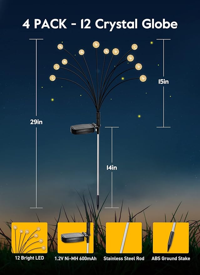 Solar Garden Lights - 4 Pack 12 LED Crystal Solar Firefly Lights with 2 Lighting Mode, Sway by Wind, Waterproof Solar Decorative Lights, Solar Outdoor Lights for Yard Walkway Decoration, Warm White-VerdiqueGarden